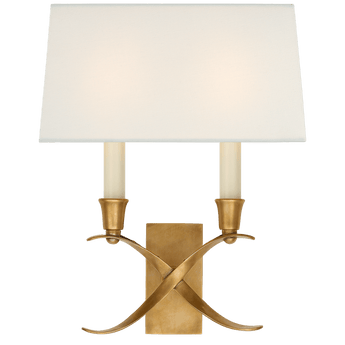 Cross Bouillotte Small Sconce in Antique-Burnished Brass with Linen Shade