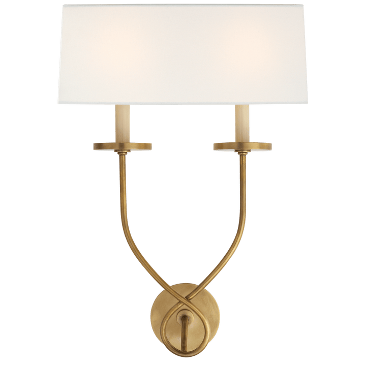 Symmetric Twist Double Sconce in Antique-Burnished Brass with Linen Shade