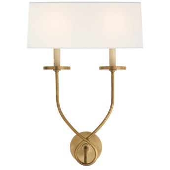 Symmetric Twist Double Sconce in Antique-Burnished Brass with Linen Shade