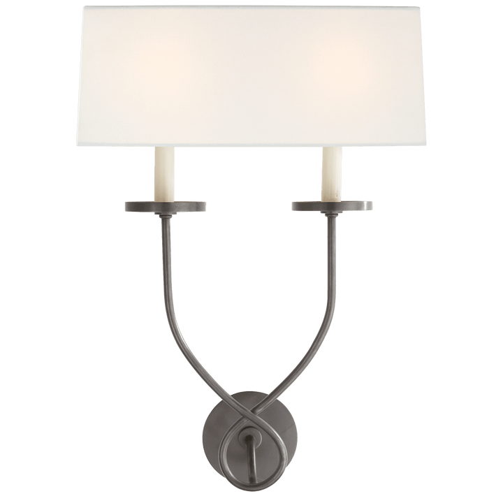 Symmetric Twist Double Sconce in Bronze with Linen Shade