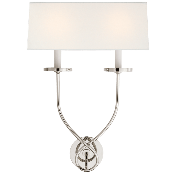 Symmetric Twist Double Sconce in Polished Nickel with Linen Shade