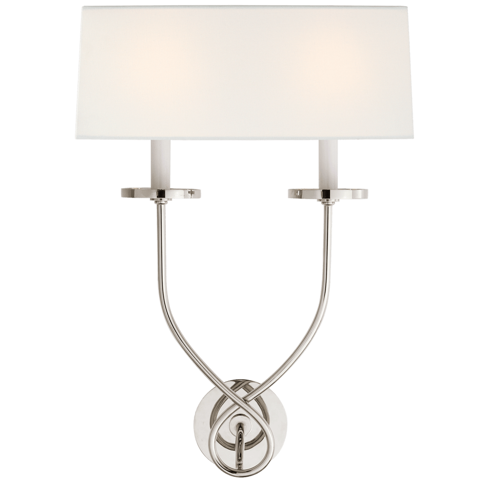 Symmetric Twist Double Sconce in Polished Nickel with Linen Shade