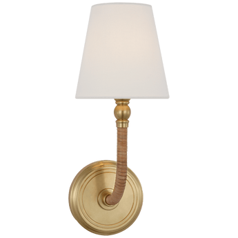 Basden Medium Sconce in Antique-Burnished Brass and Natural Rattan with Linen Shade