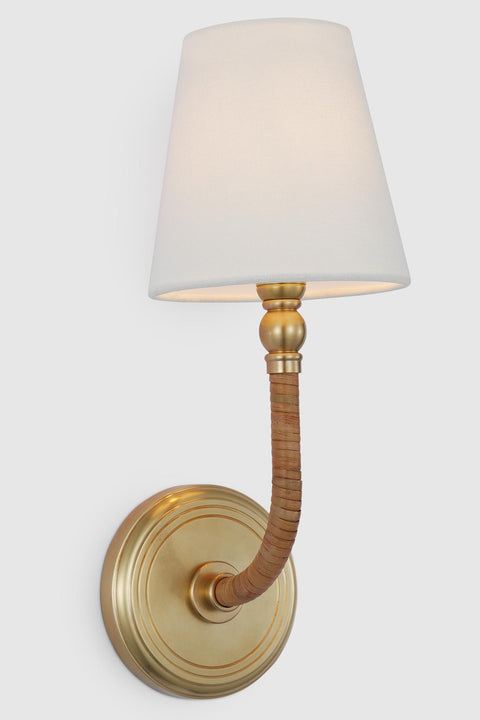 Basden Medium Sconce in Antique-Burnished Brass and Natural Rattan with Linen Shade