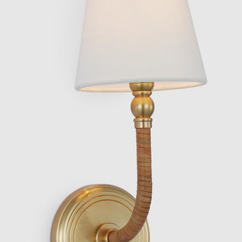 Basden Medium Sconce in Antique-Burnished Brass and Natural Rattan with Linen Shade