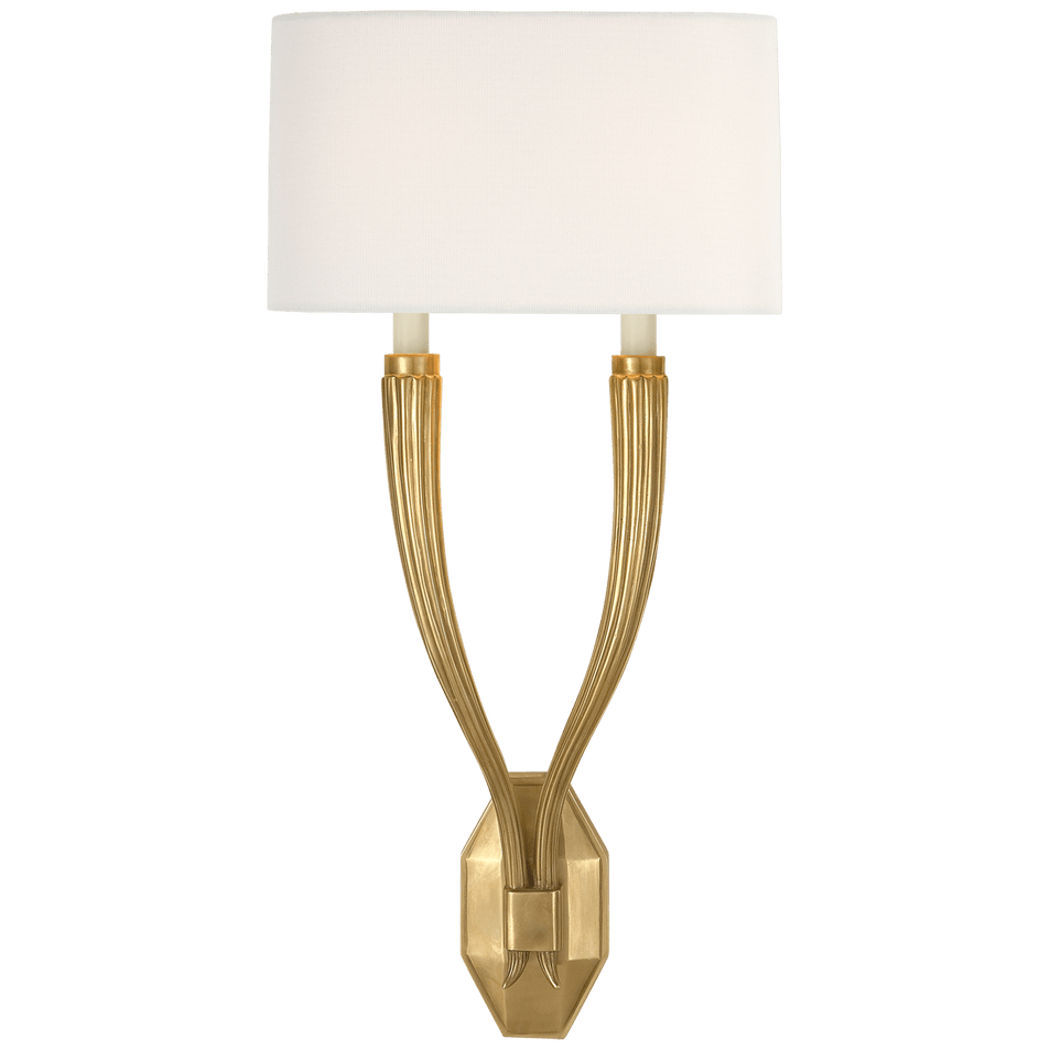 Ruhlmann Double Sconce in Antique-Burnished Brass with Linen Shade