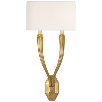 Ruhlmann Double Sconce in Antique-Burnished Brass with Linen Shade