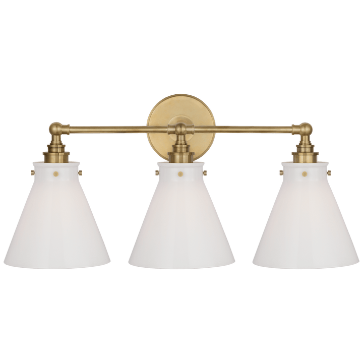 Parkington 24" Three Light Bath Bar in Antique-Burnished Brass with White Glass