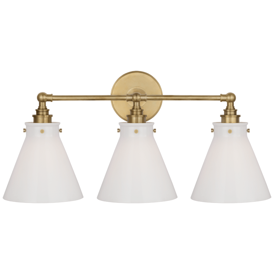 Parkington 24" Three Light Bath Bar in Antique-Burnished Brass with White Glass