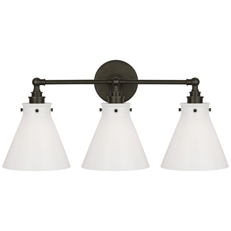 Parkington 24" Three Light Bath Bar in Bronze with White Glass
