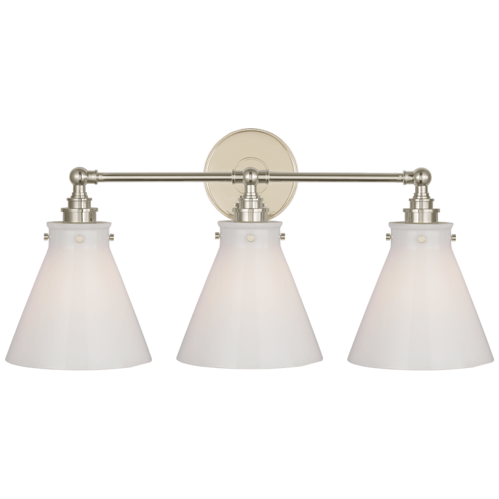 Parkington 24" Three Light Bath Bar in Polished Nickel with White Glass