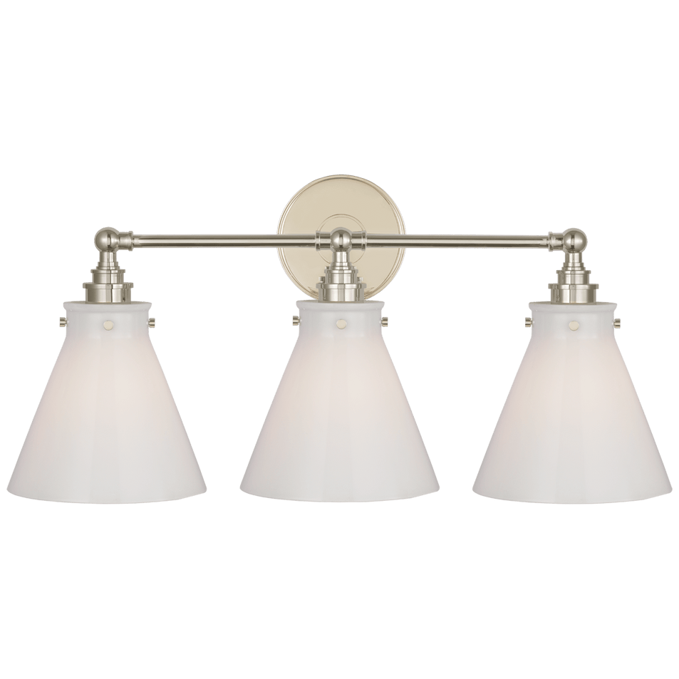 Parkington 24" Three Light Bath Bar in Polished Nickel with White Glass