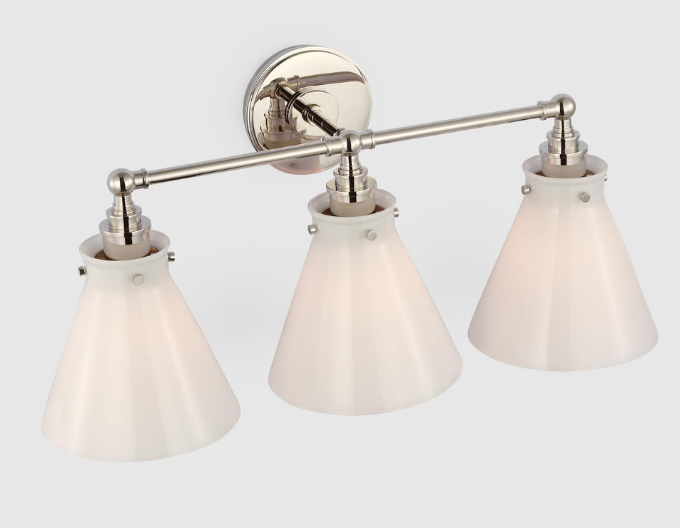 Parkington 24" Three Light Bath Bar in Polished Nickel with White Glass