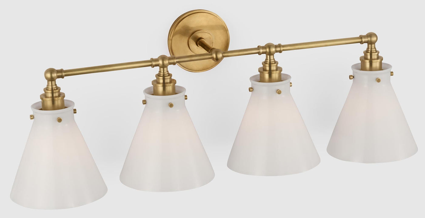 Parkington 32" Four Light Bath Bar in Antique-Burnished Brass with White Glass