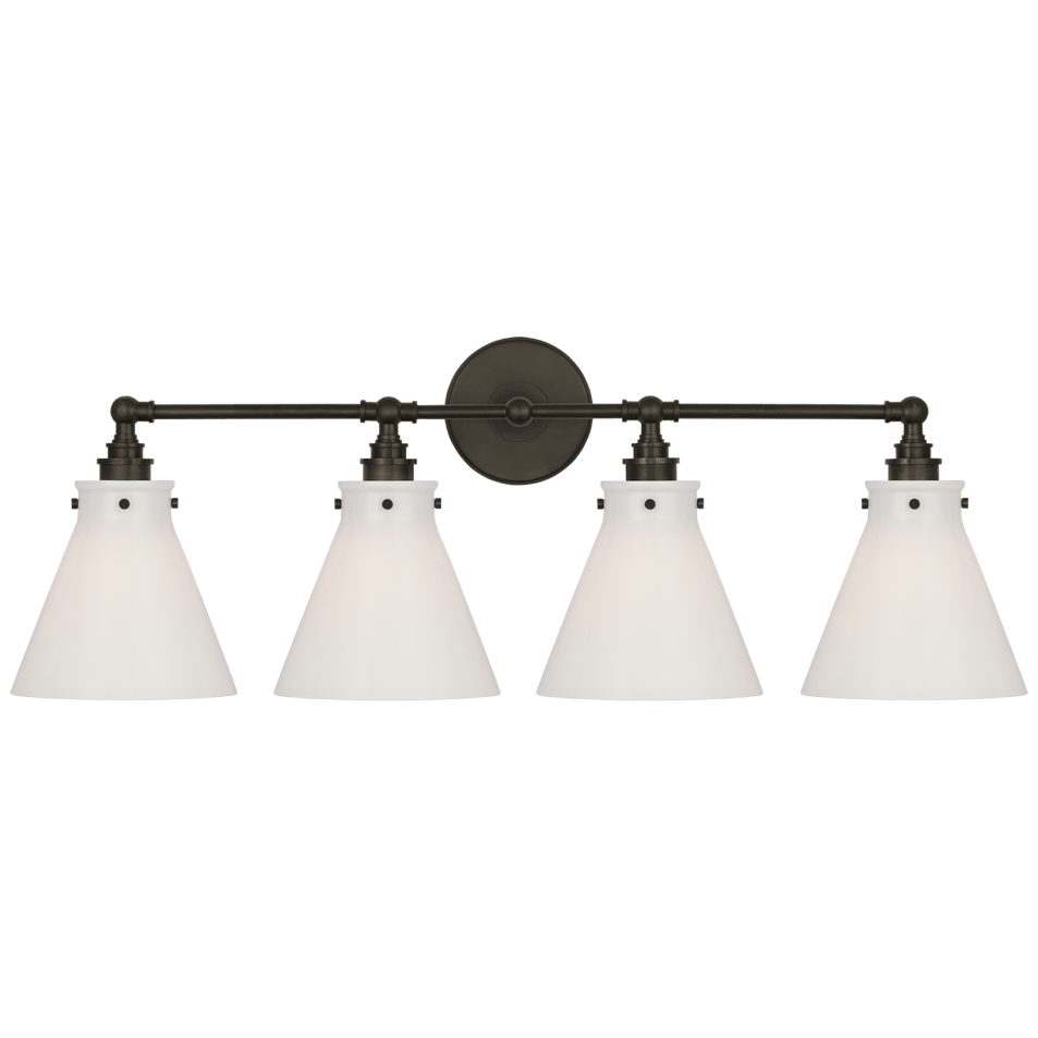 Parkington 32" Four Light Bath Bar in Bronze with White Glass