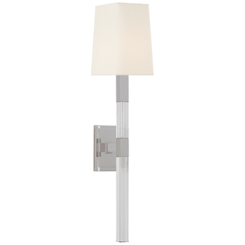 Reagan Medium Tail Sconce in Polished Nickel and Crystal with Linen Shade