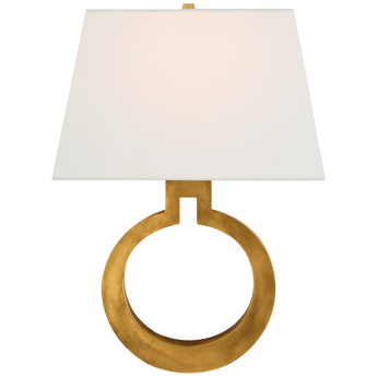 Ring Form Large Wall Sconce in Antique-Burnished Brass with Linen Shade