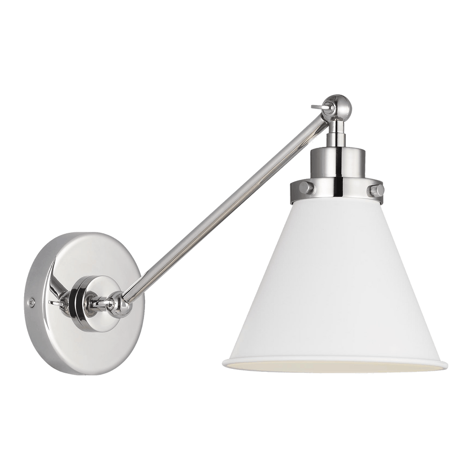 Wellfleet Single Arm Cone Task Sconce in Matte White and Polished Nickel with Matte White