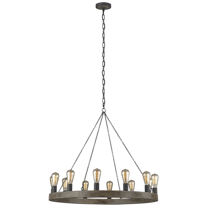 Avenir Medium Chandelier in Weathered Oak Wood and Antique Forged Iron