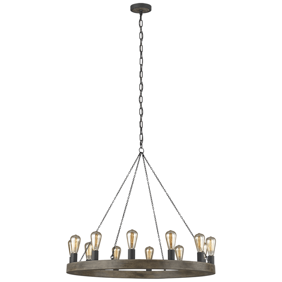Avenir Medium Chandelier in Weathered Oak Wood and Antique Forged Iron