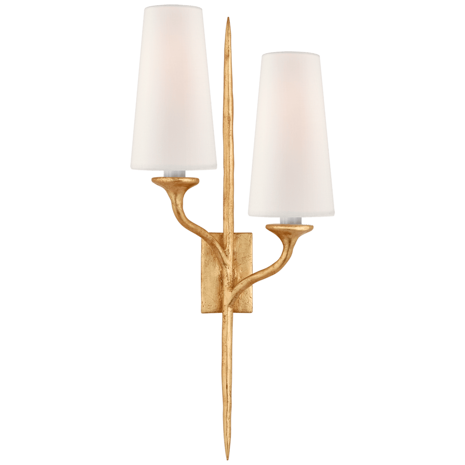 Iberia Double Left Sconce in Antique Gold Leaf with Linen Shades