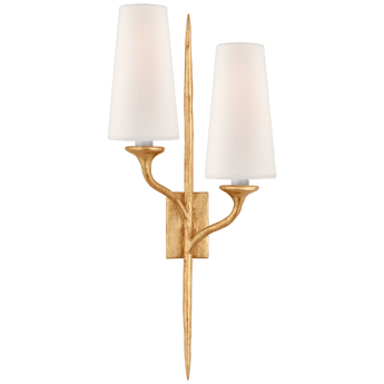 Iberia Double Left Sconce in Antique Gold Leaf with Linen Shades