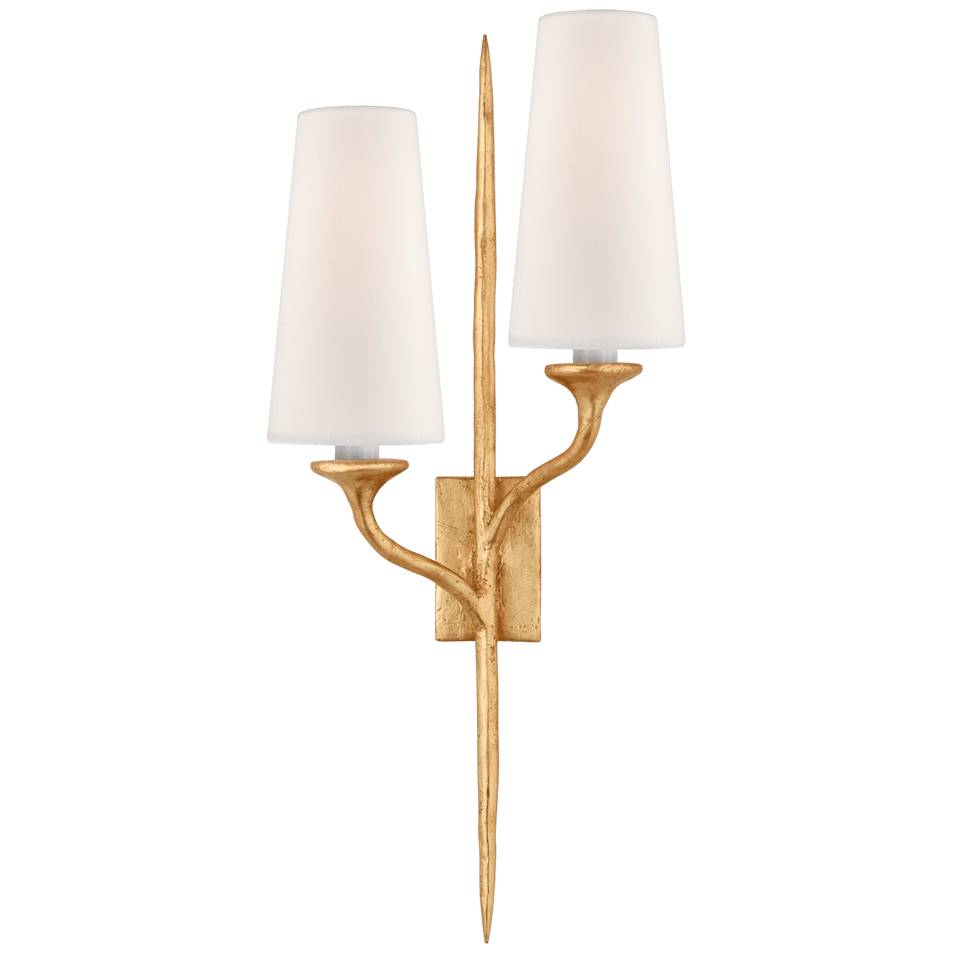 Iberia Double Right Sconce in Antique Gold Leaf with Linen Shades