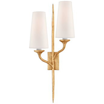 Iberia Double Right Sconce in Antique Gold Leaf with Linen Shades