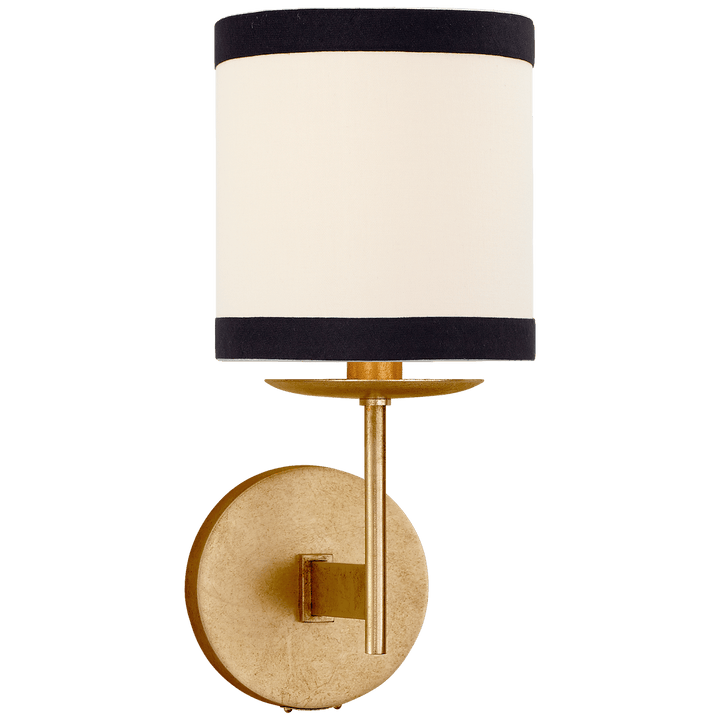 Walker Small Sconce in Gild with Cream Linen Shade with Black Linen Trim