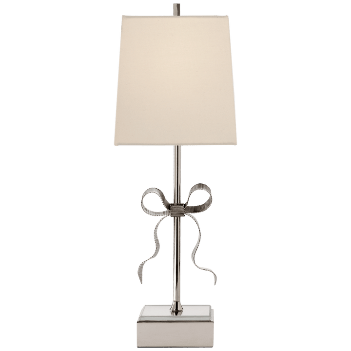 Ellery Gros-Grain Bow Table Lamp in Polished Nickel and Mirror with Cream Linen Shade
