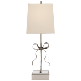 Ellery Gros-Grain Bow Table Lamp in Polished Nickel and Mirror with Cream Linen Shade