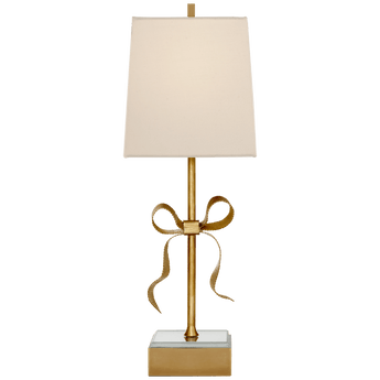 Ellery Gros-Grain Bow Table Lamp in Soft Brass and Mirror with Cream Linen Shade