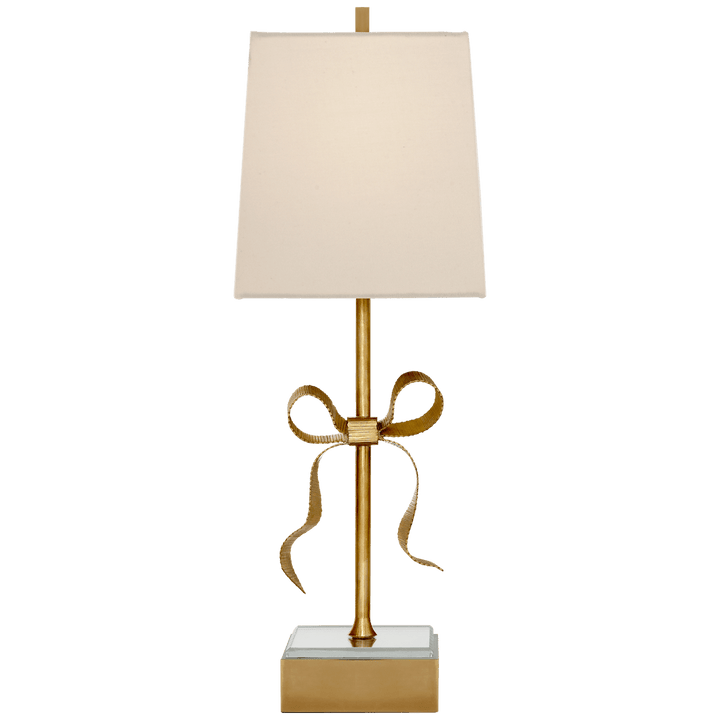 Ellery Gros-Grain Bow Table Lamp in Soft Brass and Mirror with Cream Linen Shade