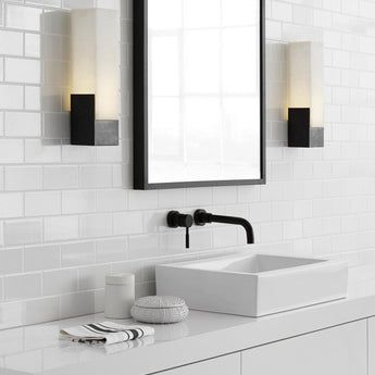 Covet Tall Box Bath Sconce, a premium Bath light by Visual Comfort. Close - up image of its design.