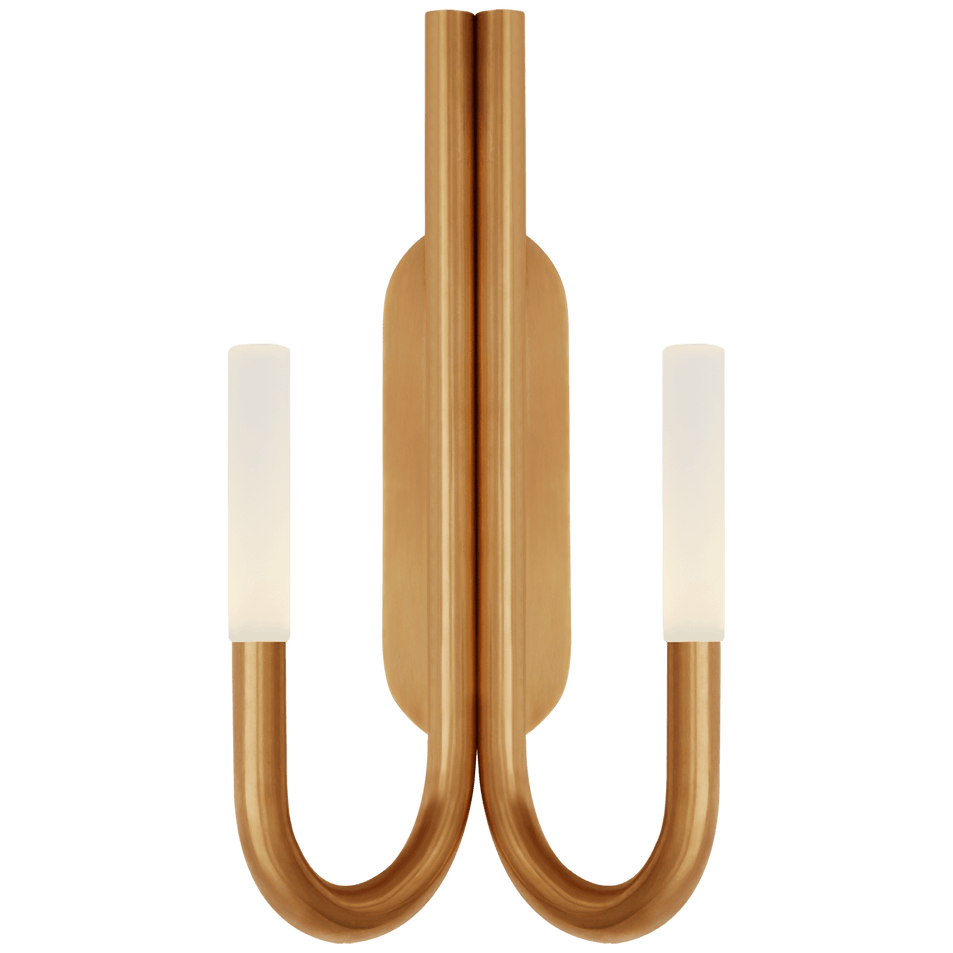 Rousseau Double Wall Sconce in Antique-Burnished Brass with Etched Crystal