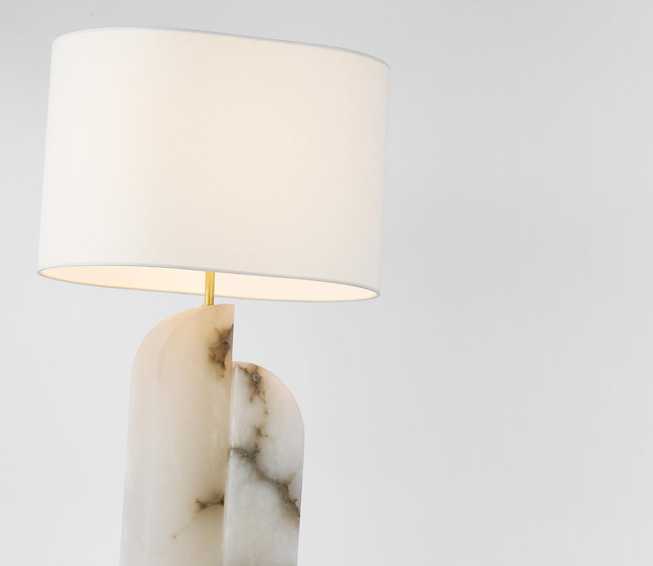 Savoye Large Right Table Lamp in Alabaster with Linen Shade