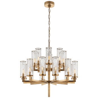 Liaison Double Tier Chandelier in Antique-Burnished Brass with Crackle Glass