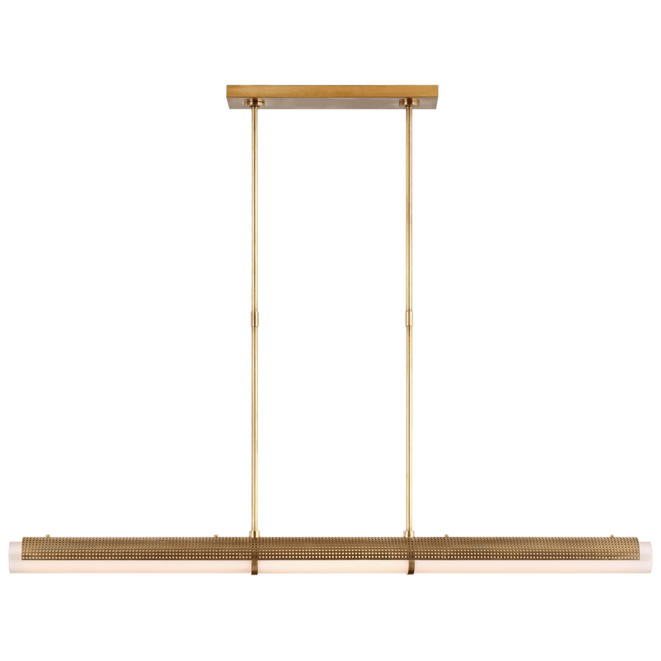 Precision Large Linear Chandelier in Antique-Burnished Brass with White Glass