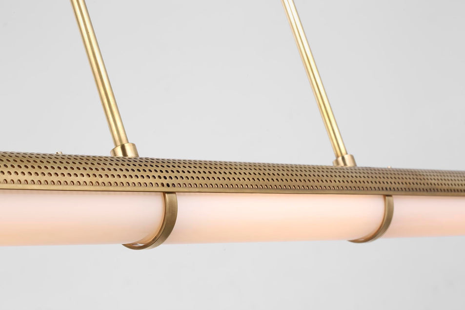 Precision Large Linear Chandelier in Antique-Burnished Brass with White Glass