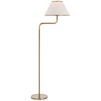 Rigby Medium Bridge Arm Floor Lamp in Soft Brass and Natural Oak with Linen Shade