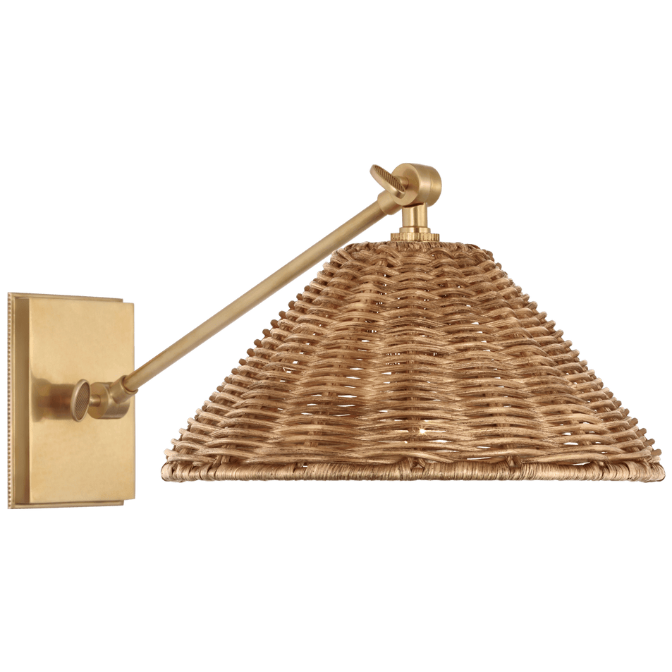 Wimberley Single Library Wall Light in Soft Brass with Natural Wicker Shade