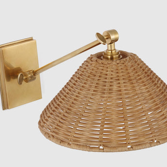 Wimberley Single Library Wall Light in Soft Brass with Natural Wicker Shade