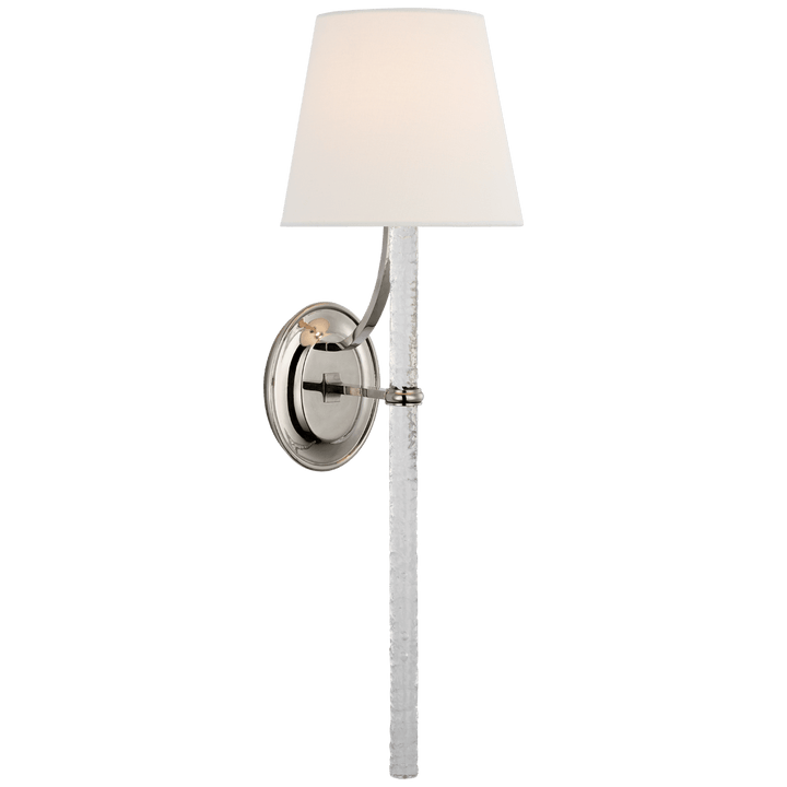 Abigail XL Sconce in Polished Nickel and Clear Wavy Glass with Linen Shade