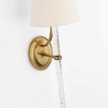 Abigail XL Sconce in Soft Brass and Clear Wavy Glass with Linen Shade