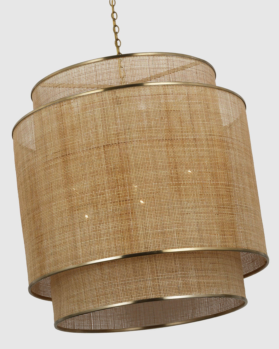 Linley Extra Large Hanging Shade in Soft Brass and Natural Rattan Caning