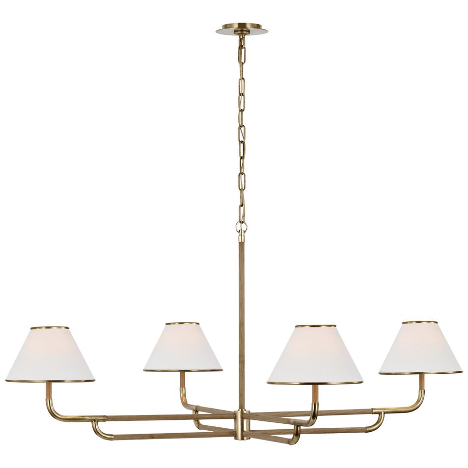 Rigby Grande Chandelier in Soft Brass and Natural Oak with Linen Shade