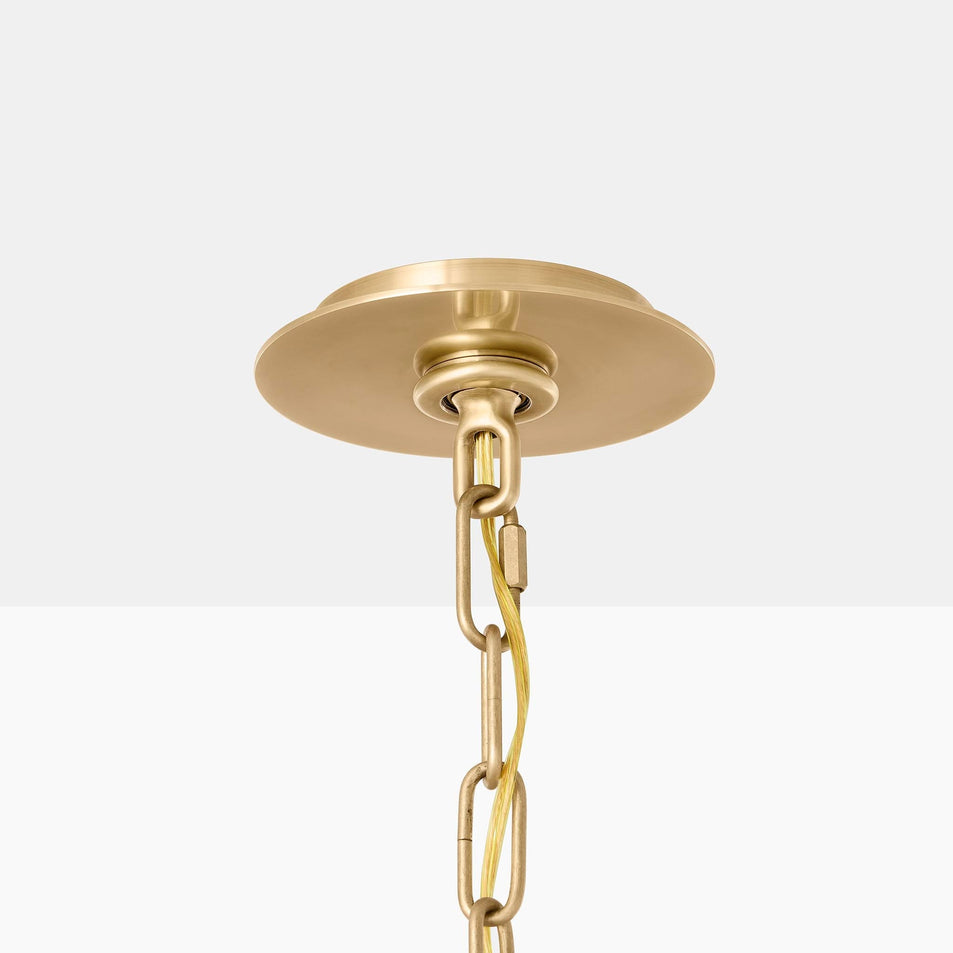 Rigby Grande Chandelier in Soft Brass and Natural Oak with Linen Shade