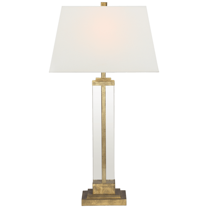 Wright Table Lamp in Gilded Iron and Glass with Linen Shade