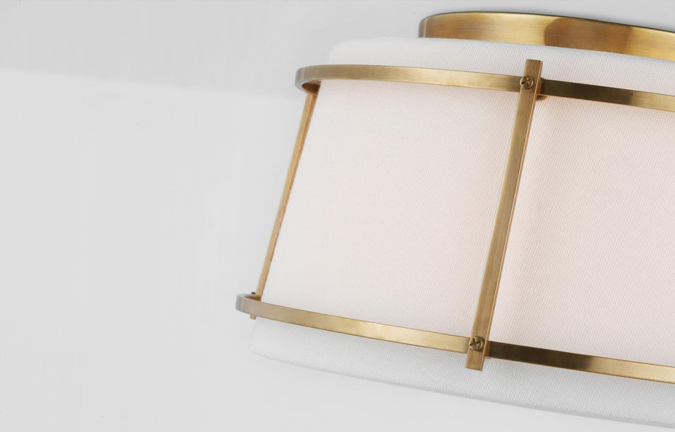 Callaway Small Flush Mount in Hand-Rubbed Antique Brass with Linen Shade and Frosted Acrylic Diffuser