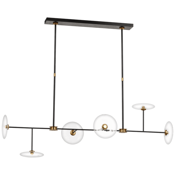 Calvino Large Linear Chandelier in Aged Iron and Hand-Rubbed Antique Brass with Clear Glass